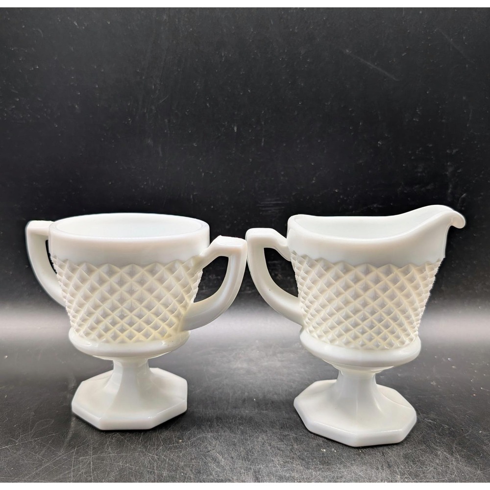 Vintage Westmoreland White Milk Glass Creamer and Sugar Bowl Set Diamond Pattern